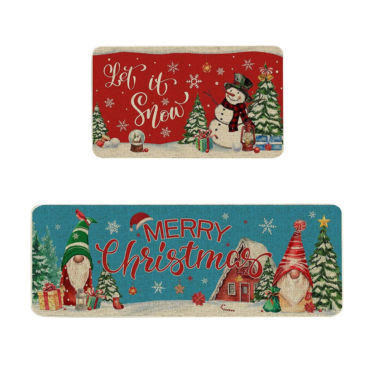 Christmas Door Mat with Snowmen, Gnomes and Holiday Sayings | Red and Turquoise Festive Rug | Several Sizes Available