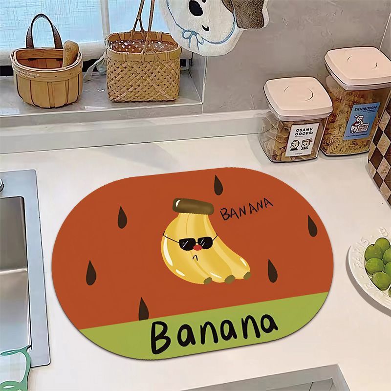 Banana Print Kitchen Rug with Non-Slip Backing and Wipe-Clean Surface | Oval Mat for Sink or Stove | 14 Designs