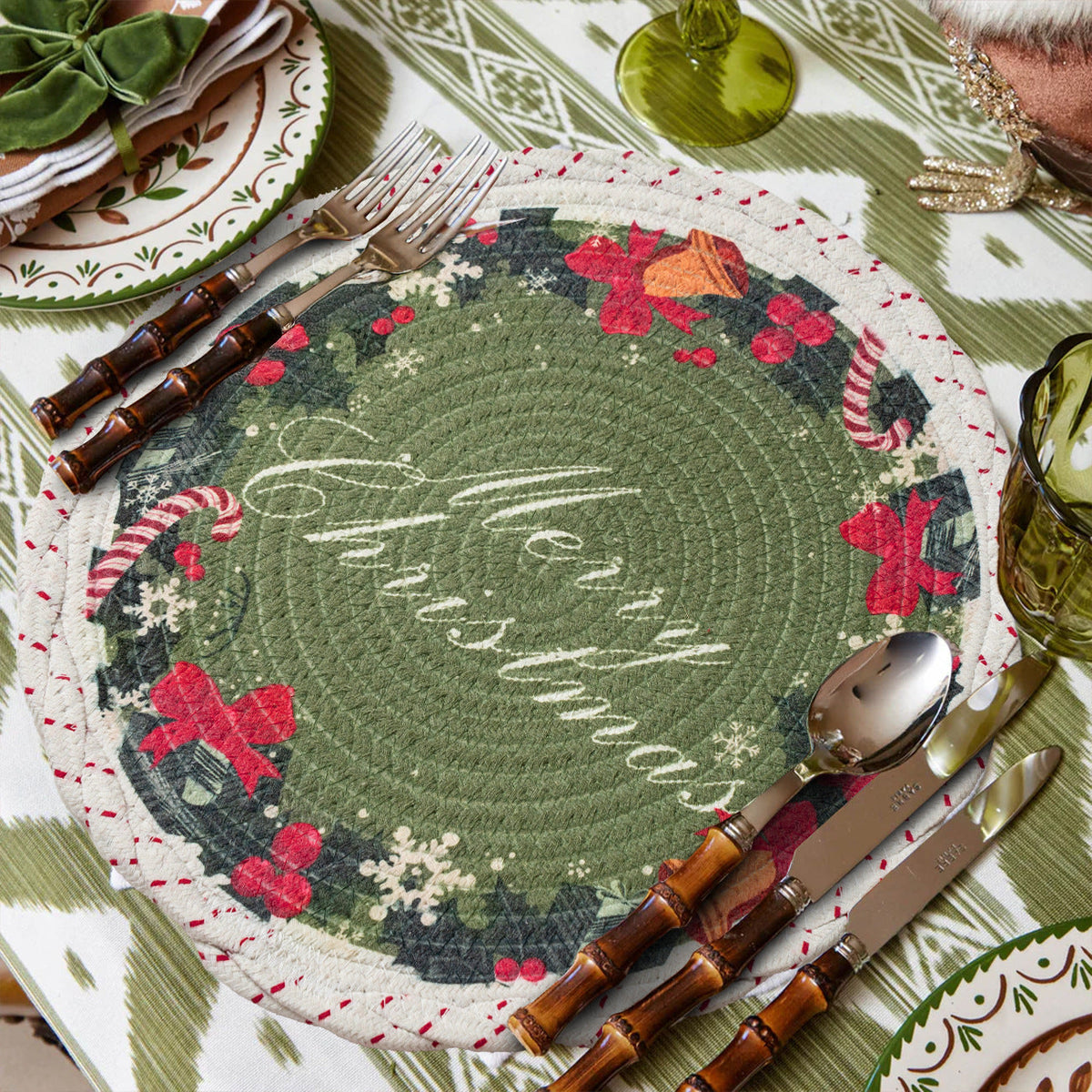 Round Braided Christmas Placemats | Santa, Tree and Reindeer Prints in Six Designs | Woven Cotton Table Decorations