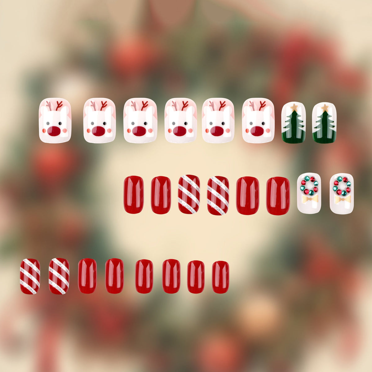 Christmas Nail Designs with Trees and Garlands | Press On Fake Nails in Pink | Glossy Xmas Manicure for Festive Parties