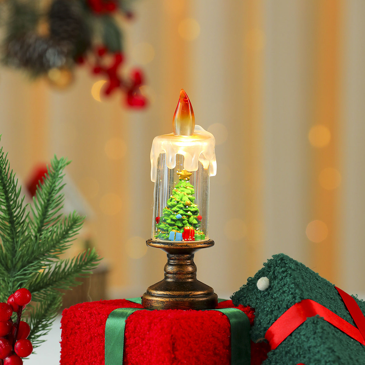LED Christmas Candle Lights with a Santa or Tree Figure Inside | Warm White Glow on a Brass Look Stand | Switch Under the Base