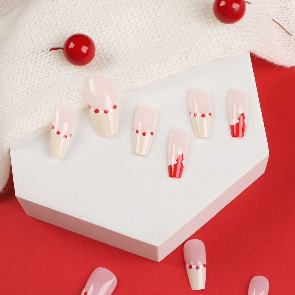 Christmas Fingernails with Red and White Accents | Glossy Press On Nails in Mixed Sizes | Festive Manicure for Parties