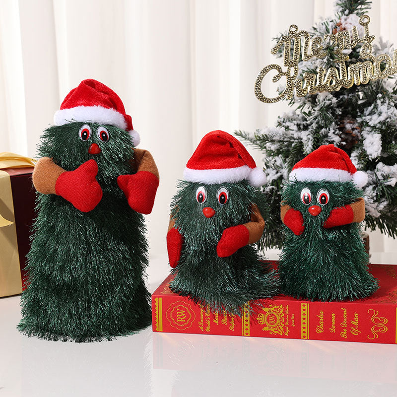 Plush Christmas Tree Figurines with Santa Hat and Red Mittens | Tabletop and Mantel Decor | Three Playful Designs