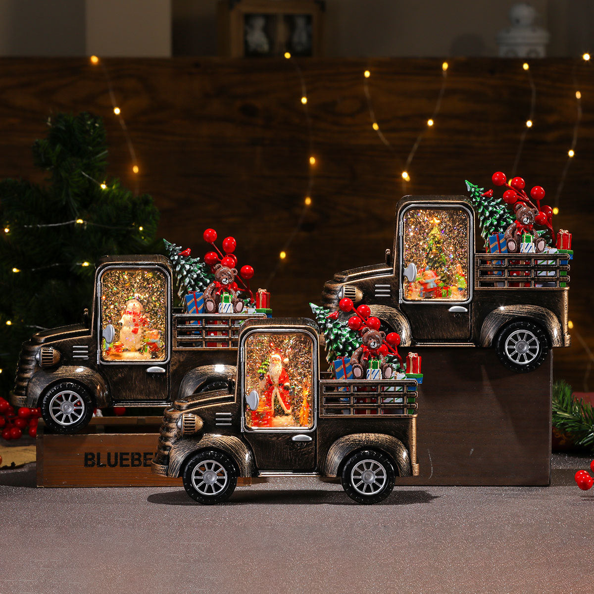 Vintage Truck Decoration with Christmas Lights | Santa Scene and Wrapped Gifts on the Back | Indoor or Outdoor Centerpiece