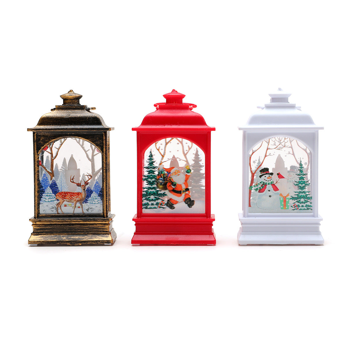 Illuminated Christmas Lanterns with Santa and a Snowy Backdrop | Warm Glow for Indoor or Outdoor Use | Compact Mantel Decor