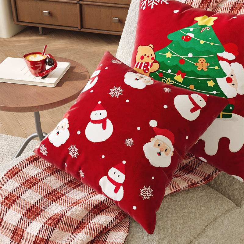 Velvet Christmas Pillow Cover with Plush Tree and Santa Print | Hidden Zipper, Colorfast Finish | Holiday Sofa Decorations