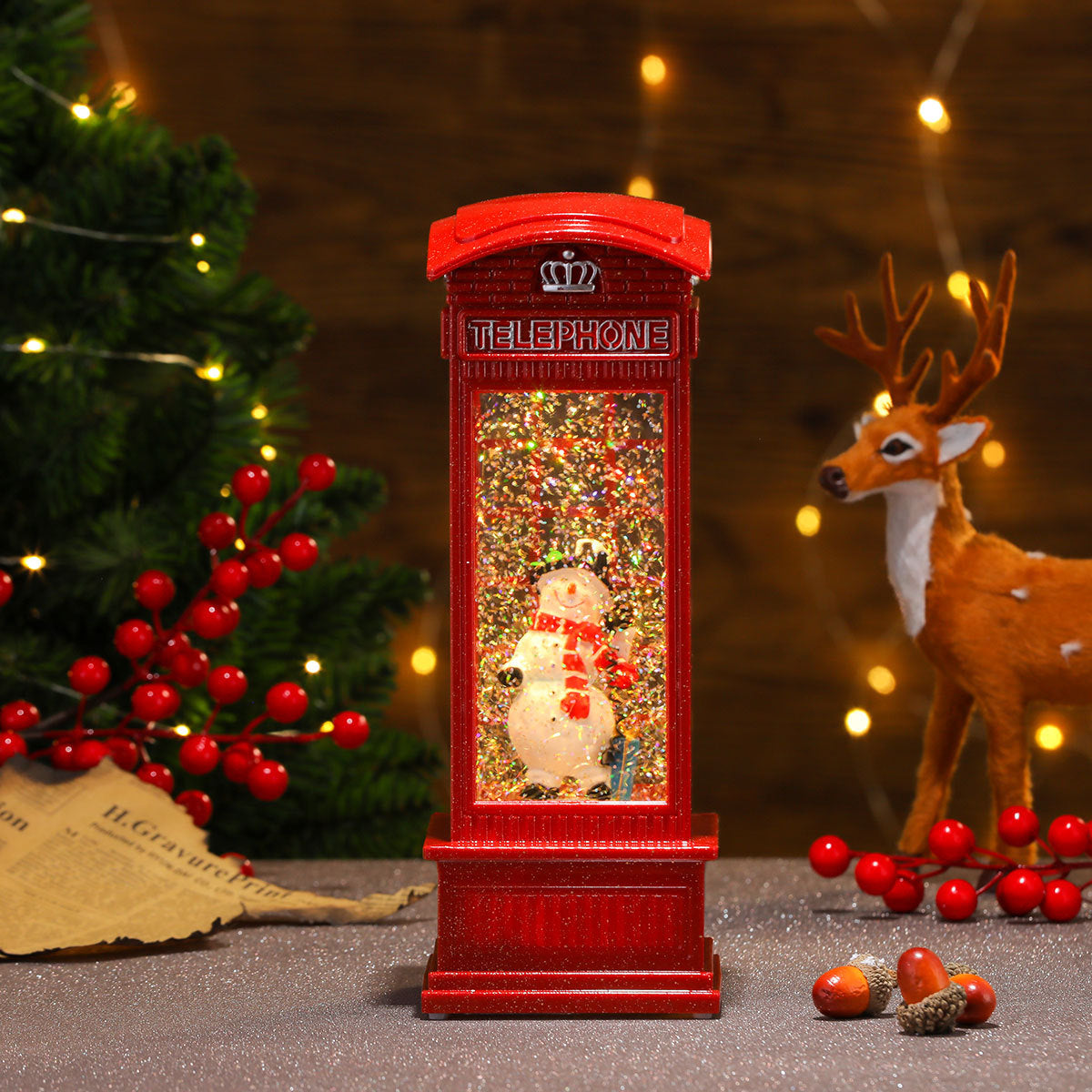 Christmas Snow Globe with a Red Telephone Box and Tree Scene | Shake It for Swirling Snowflakes | Festive Decorations, 3 Designs