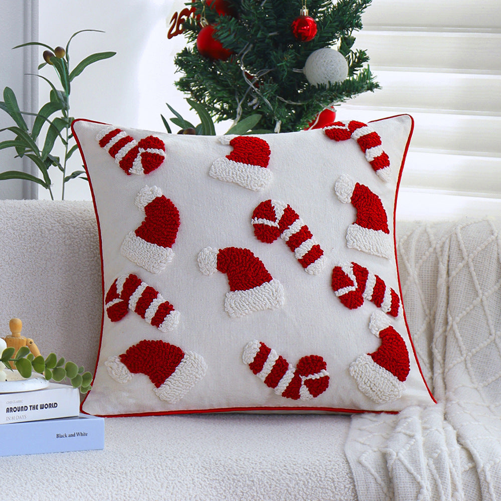 Hand Tufted Christmas Pillow Cover with Santa Hats and Candy Canes | Cotton Linen Blend, Piped Edge | Holiday Decorations