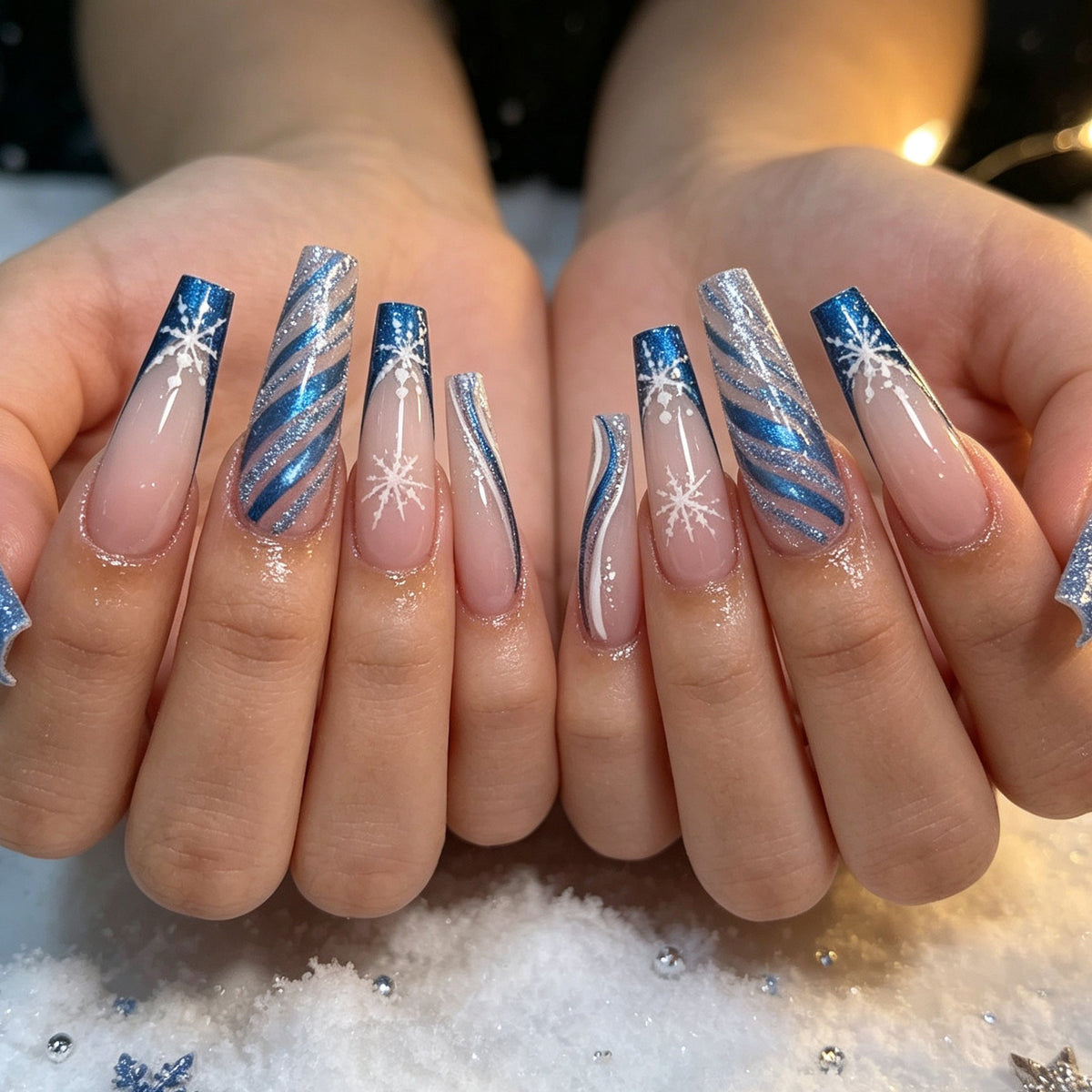Blue Christmas Nails with Icy Swirl Art | Long Press-On Tips Marbled in White | Radiant Finish for Winter Celebrations