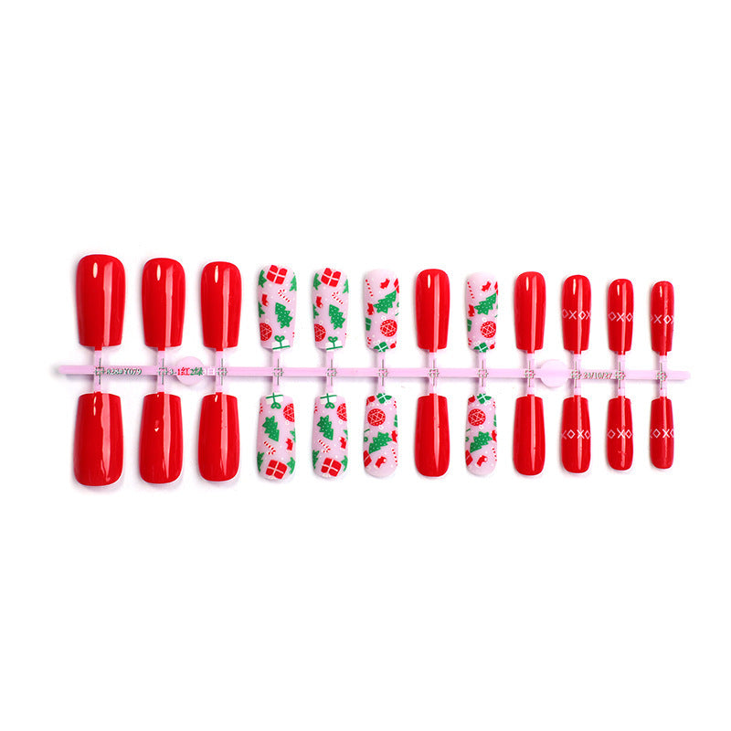 Red Christmas Tree Nails with Glitter Accents | Press On Fingernails in Mixed Sizes | Festive Winter Manicure Kit
