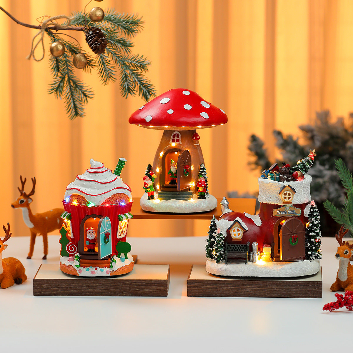 Christmas Village House with LED Lights | Candy and Mushroom Cottage Designs | Lit Tabletop Holiday Decoration