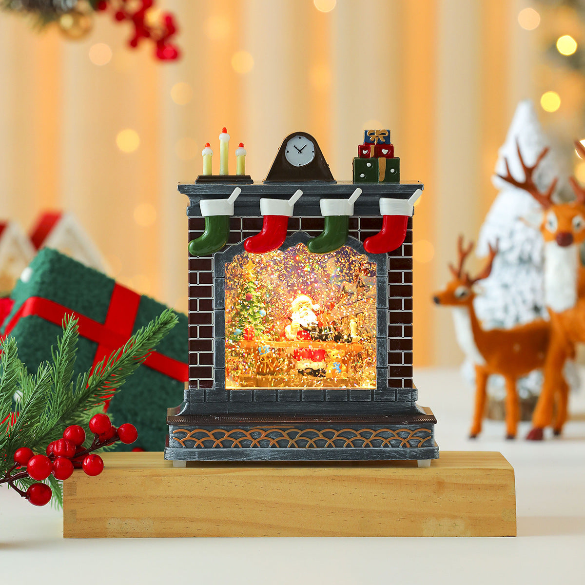 Fireplace Decoration with Christmas Lights | Stockings and Clock Detail | On Off Switch for Mantel or Shelf Display