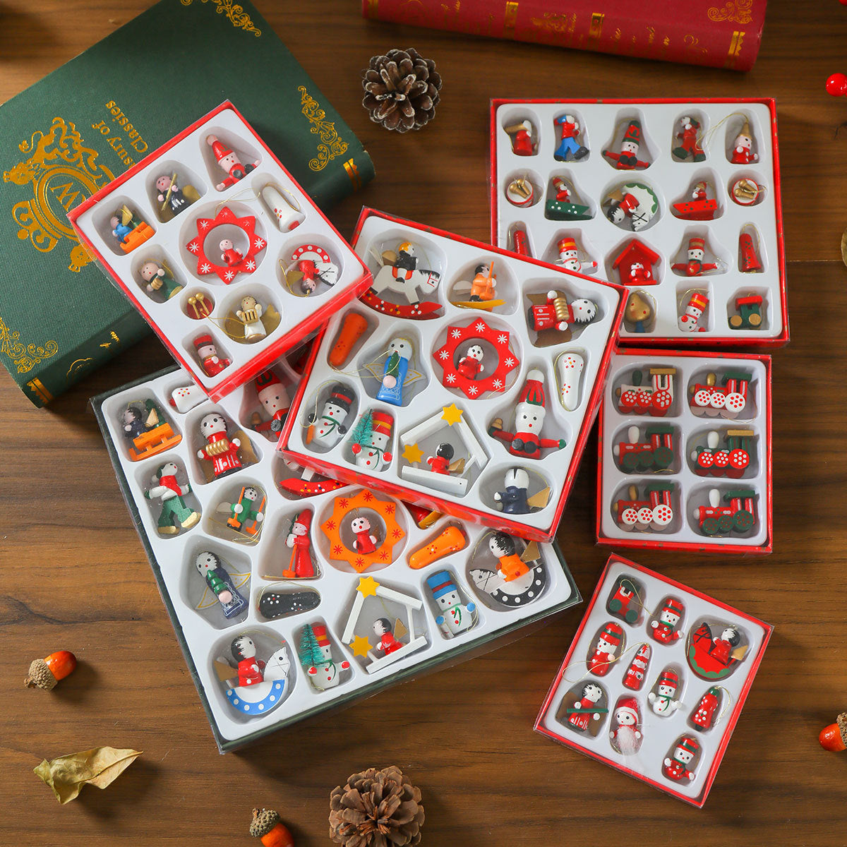 Mini Train Christmas Ornaments in a Gift Box | Bright Colors for Mantel and Tabletop Display | Seven Festive Design Sets