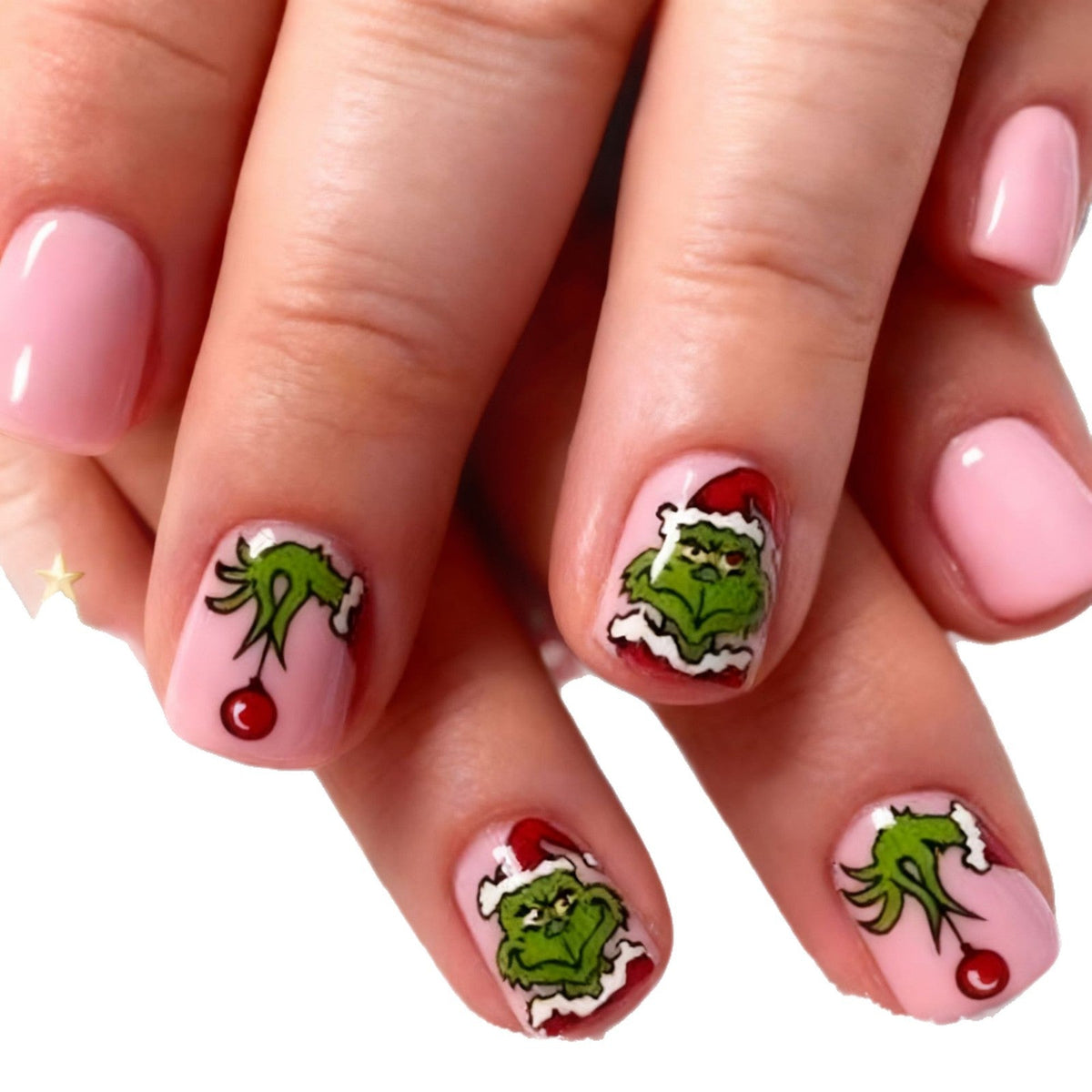 Christmas Press-On Nails with Green Cartoon Character Art | Santa Hat Accents in Pink and Red | Salon Finish at Home