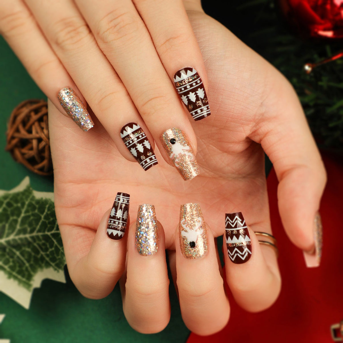 Black Christmas Nails with Nordic Knit Pattern | Glitter and Rhinestone Accents | Press On Tips in Several Sizes