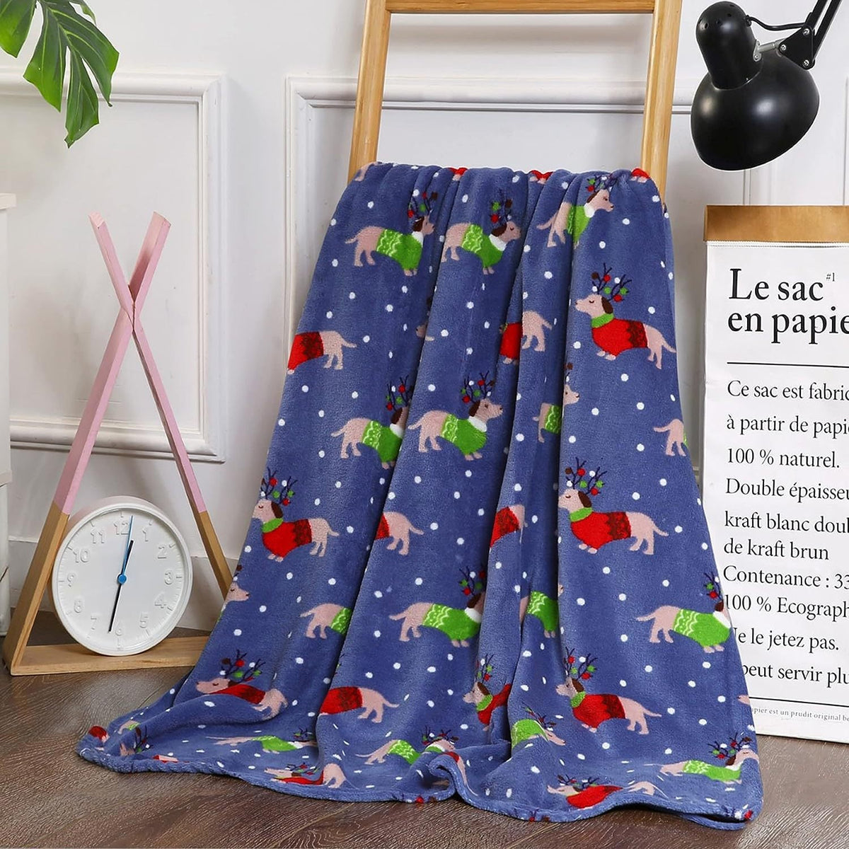 Santa and Snowman Plush Fleece Blanket in Blue | Soft Christmas Throw for Family Movie Nights | Two Sizes Available