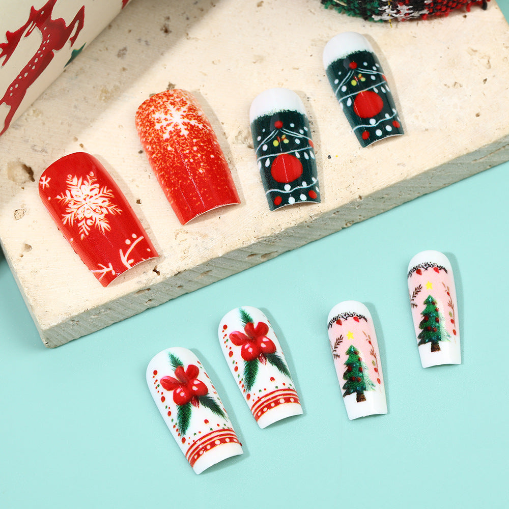 Christmas Tree Nails with Snowflake Motifs | Reusable Press On Nail Designs | Festive Winter Manicure for Parties