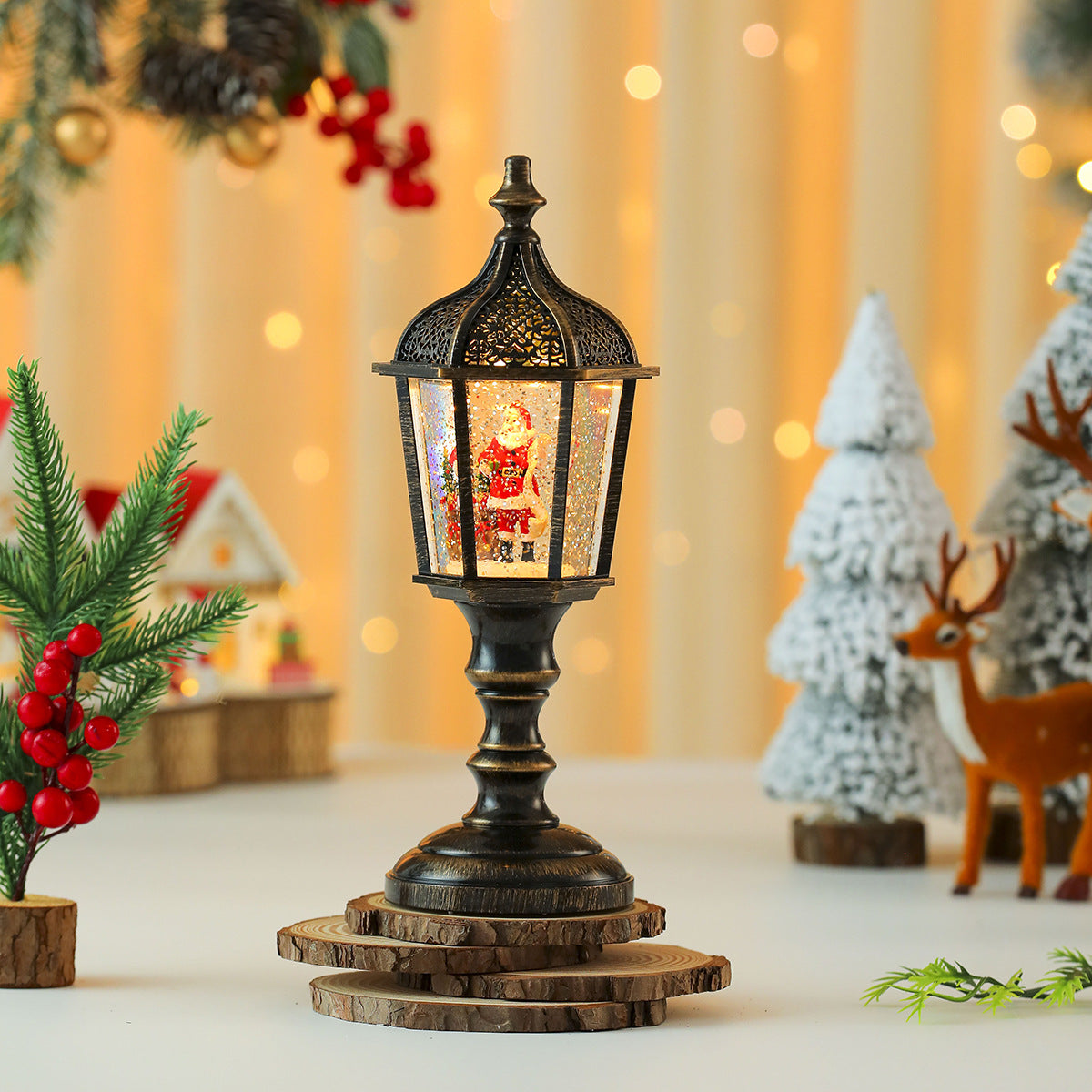 Street Lamp Style Christmas Lanterns with a Santa Scene | Detailed Winter Landscape Inside | Lightweight and Easy to Move
