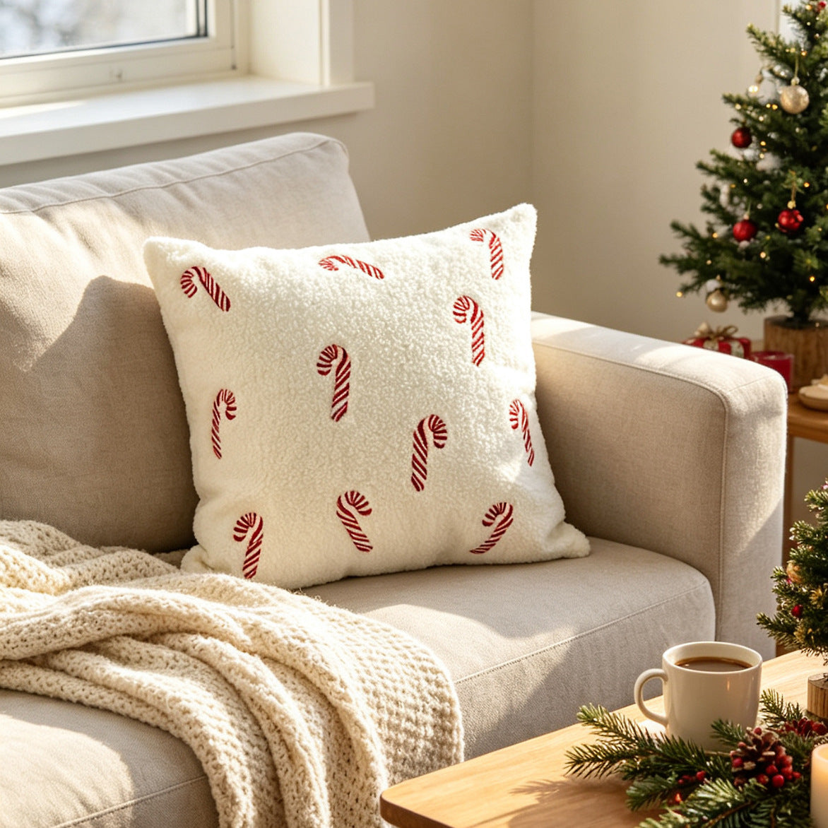 Tufted Chenille Merry Christmas Lumbar Pillow | Piped Edge on a Woven Cover | Red and Green Festive Decorations