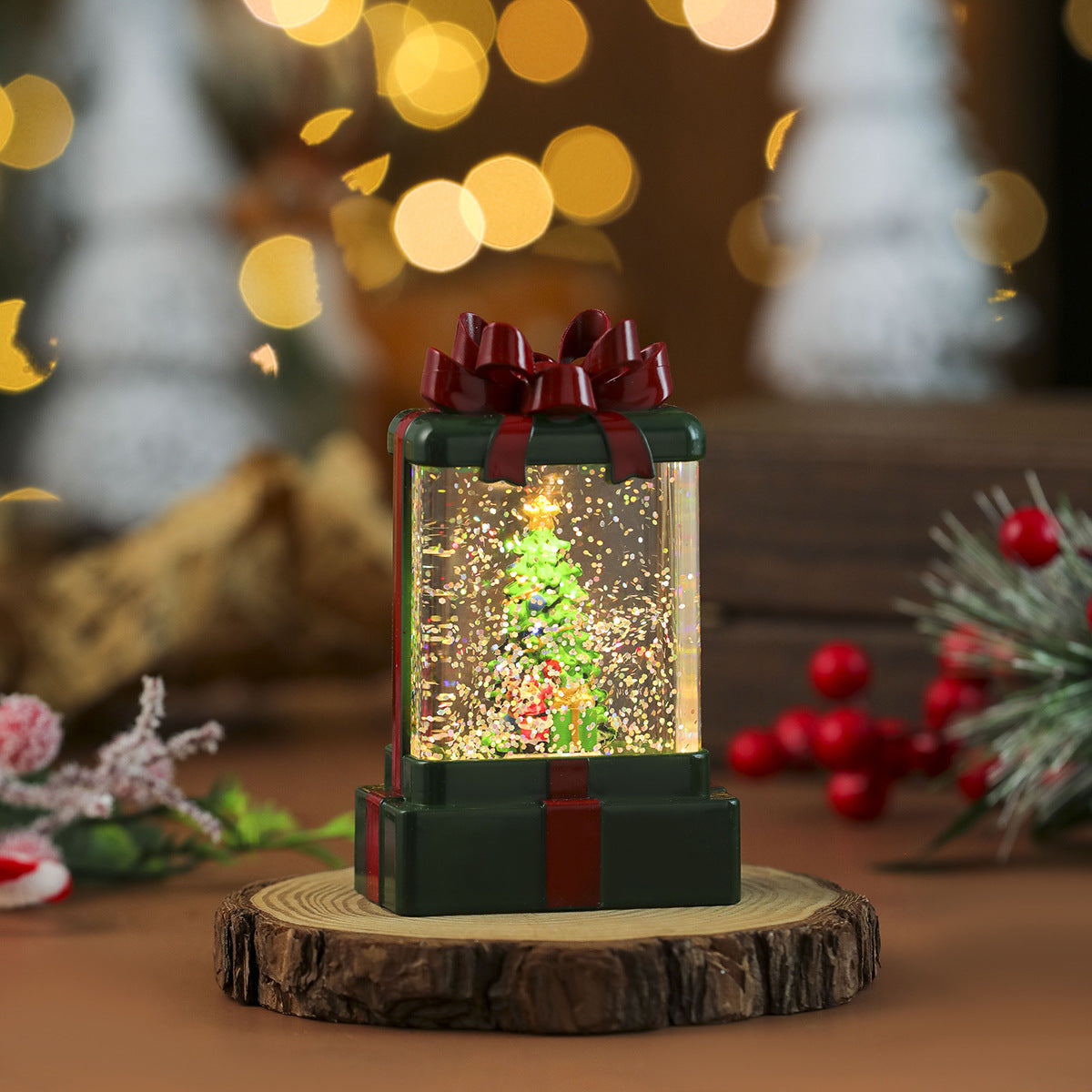 Gift Box Shaped Christmas Decorations with a Santa Scene | Shake for Swirling Snowflakes | Warm LED Light in Red, Green or White