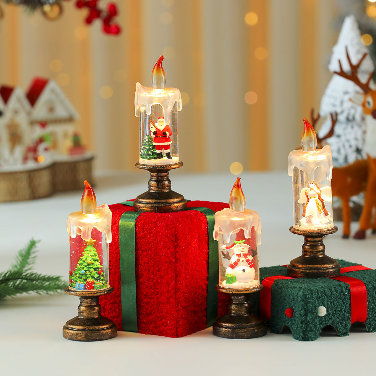 LED Christmas Candle Lights with a Santa or Tree Figure Inside | Warm White Glow on a Brass Look Stand | Switch Under the Base