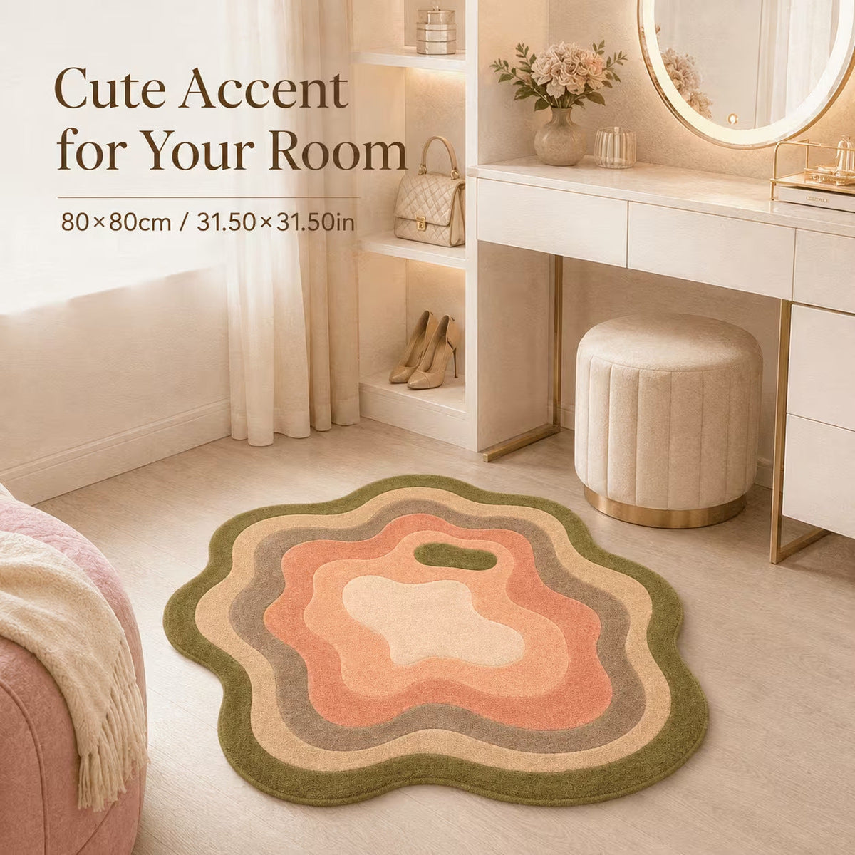 Flower-Shaped Area Rug with Layered Color Bands | Soft Underfoot for a Bedroom or Dressing Corner | Easy to Clean