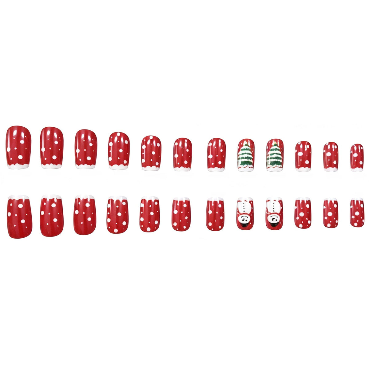 Christmas Tree Nails in Red with Polka Dot Art | Short Square Acrylic Tips | Snowman Accent, Comfortable Fit
