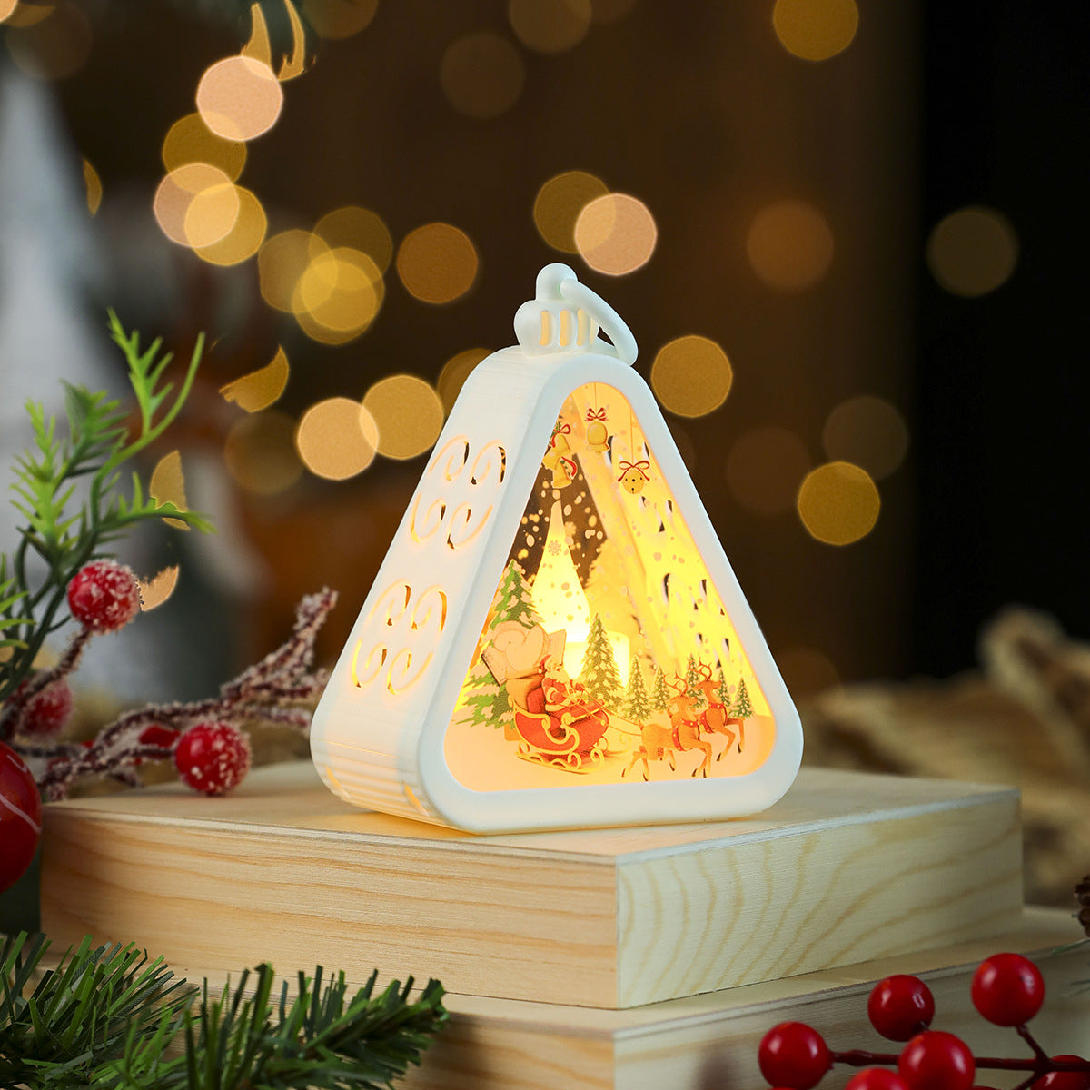 Tree Shaped Christmas Decorations with Santa and a Snowy Scene | Hanging Light Box with On Off Switch | Warm Glow for Indoor Use