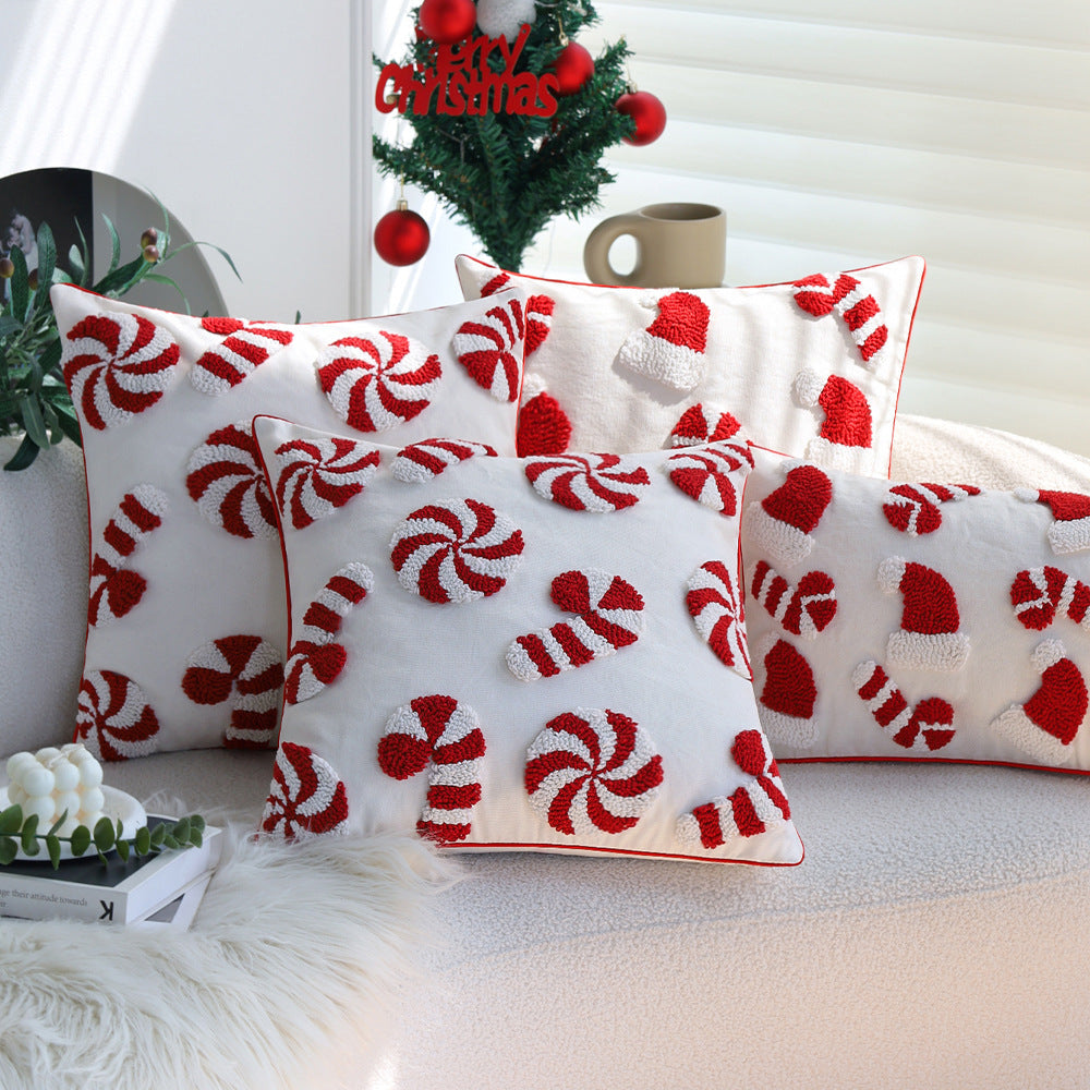 Hand Tufted Christmas Pillow Cover with Santa Hats and Candy Canes | Cotton Linen Blend, Piped Edge | Holiday Decorations