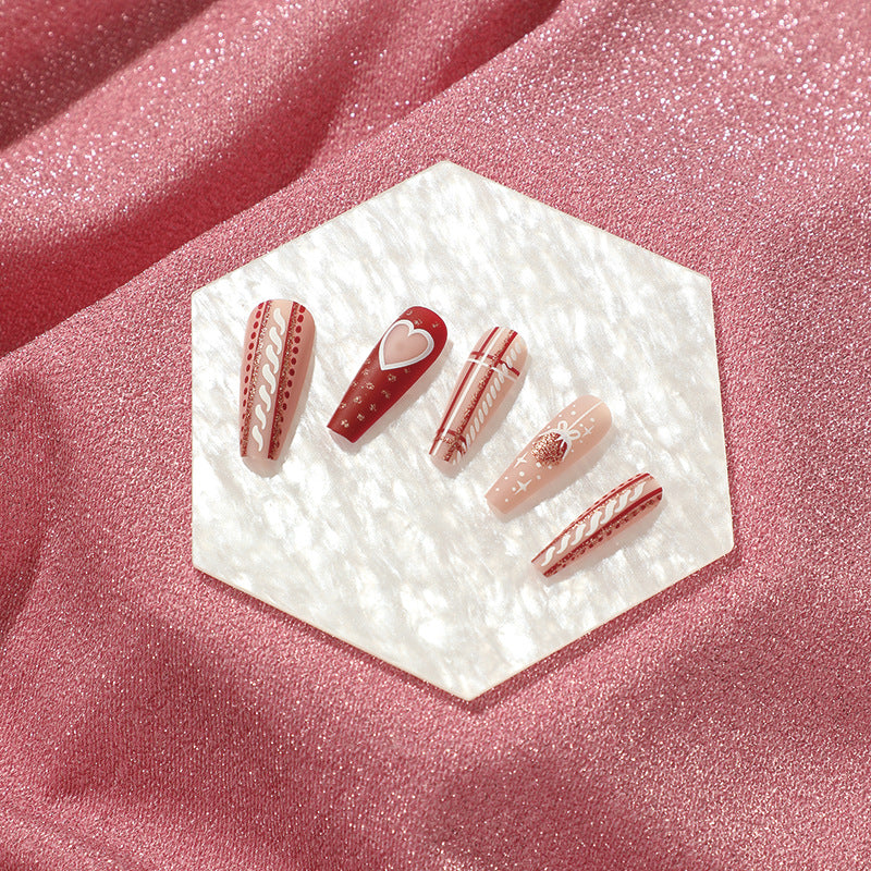 Christmas Press-On Nails with Heart and Holiday Motifs | Pink, Red and White Mix | Lightweight Tips for All-Day Comfort
