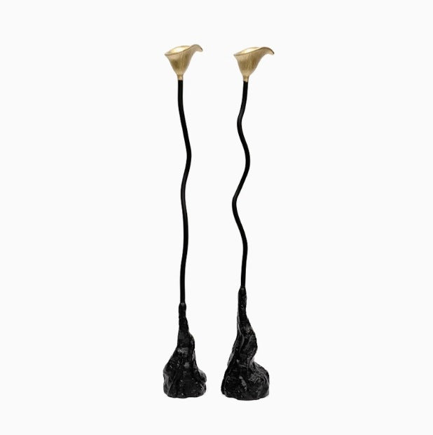 Abstract Candle Holder with Wavy Stem and Flared Cup | Cast Base for Shelf or Mantelpiece | Wipes Clean