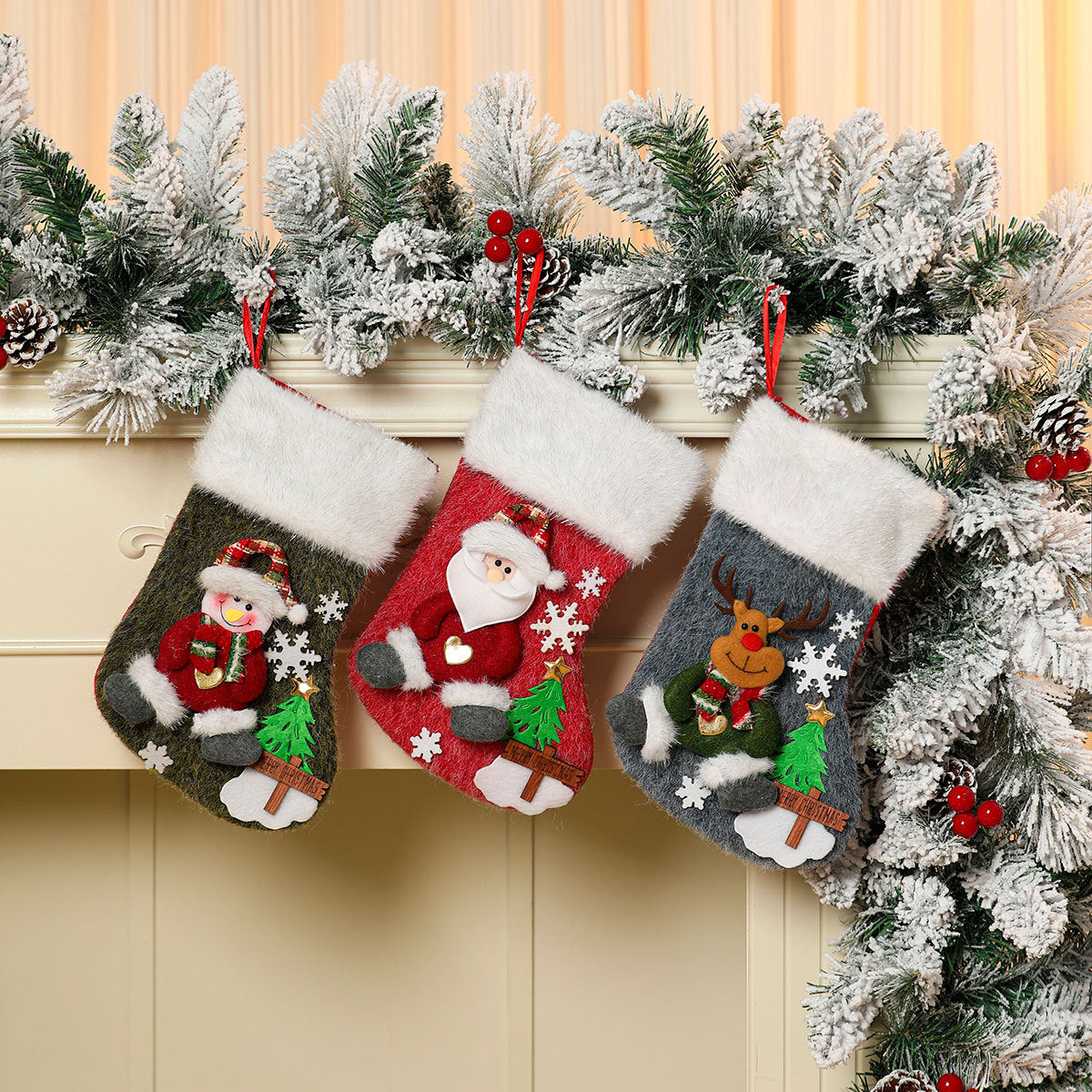Christmas Stocking with a Snowman and Tree Motif | Soft Durable Fabric with a Roomy Opening | Fireplace Decorations, 4 Designs