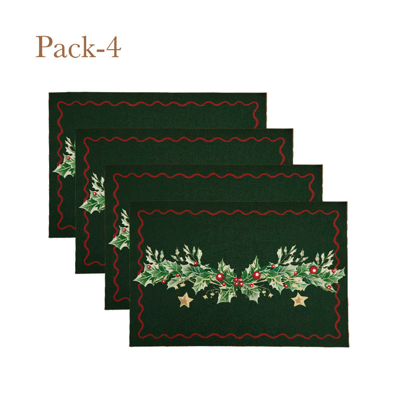 Christmas Placemat Set with Merry Lettering and Holly Accents | Red and Green Scalloped Table Mats | Flat Wipe Clean Decorations