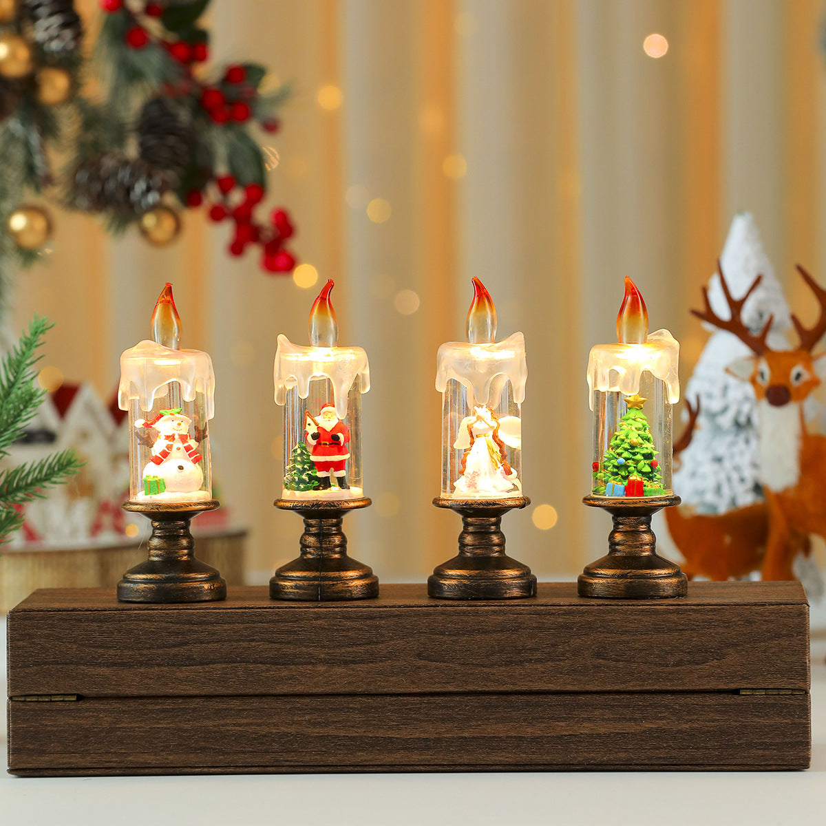LED Christmas Candle Lights with a Santa or Tree Figure Inside | Warm White Glow on a Brass Look Stand | Switch Under the Base