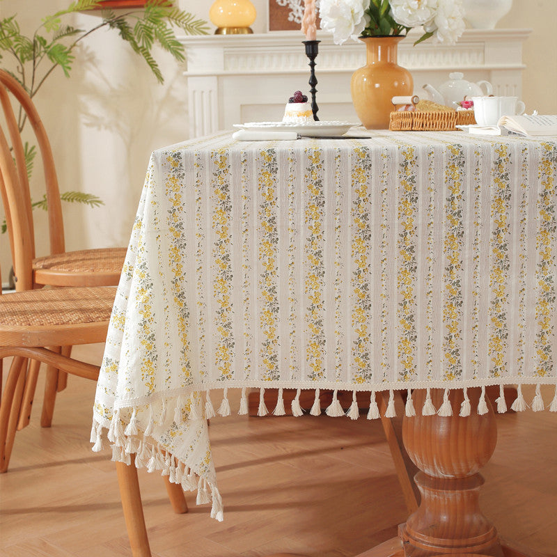 Floral Tablecloth with Tassel Trim and Wrinkle-Free Finish | Machine Washable Table Cover for Dining | 4 Colors