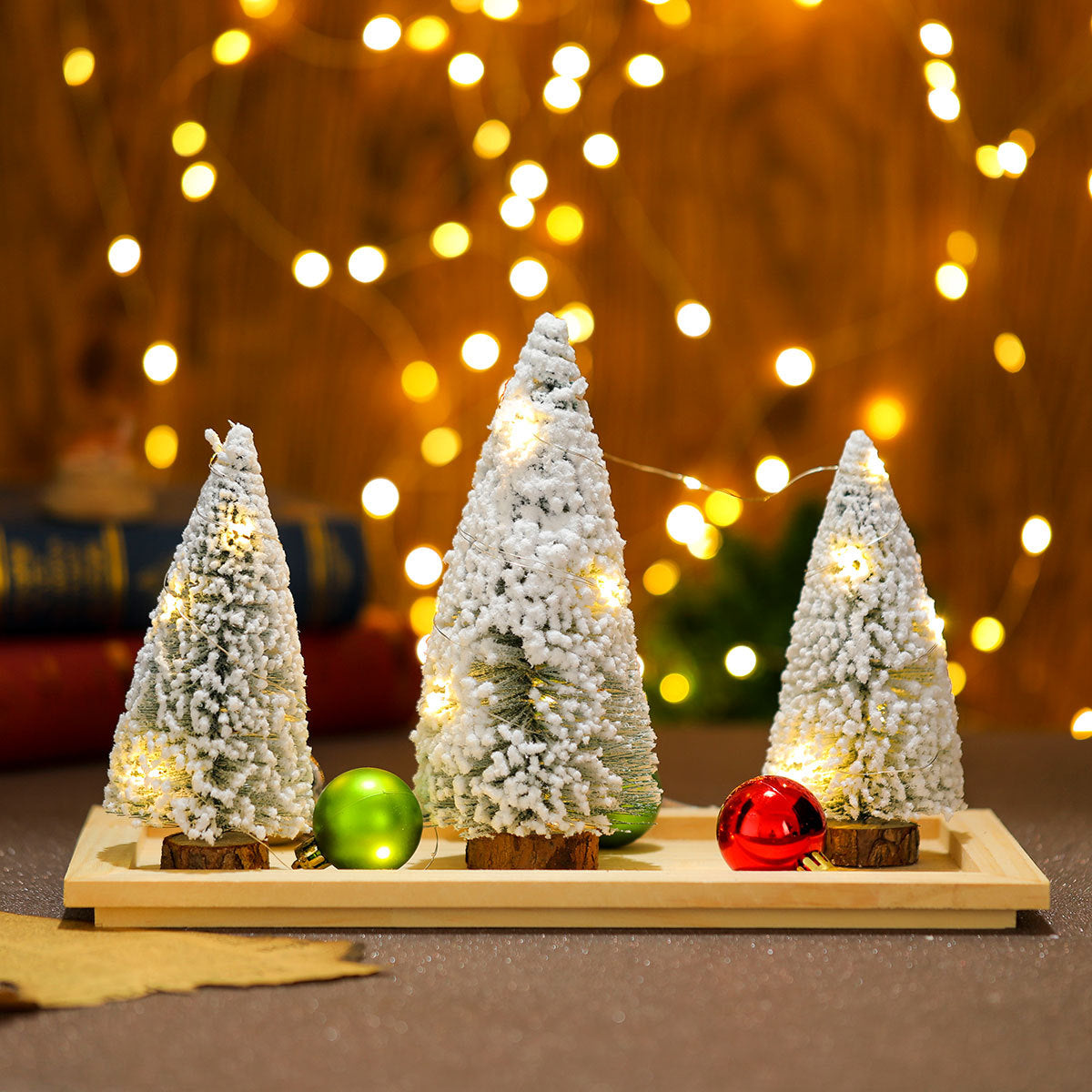 Faux Christmas Tree Trio with Snow Dusted Branches | Warm LED Glow, No Assembly Needed | White or Pink Miniature Table Decor