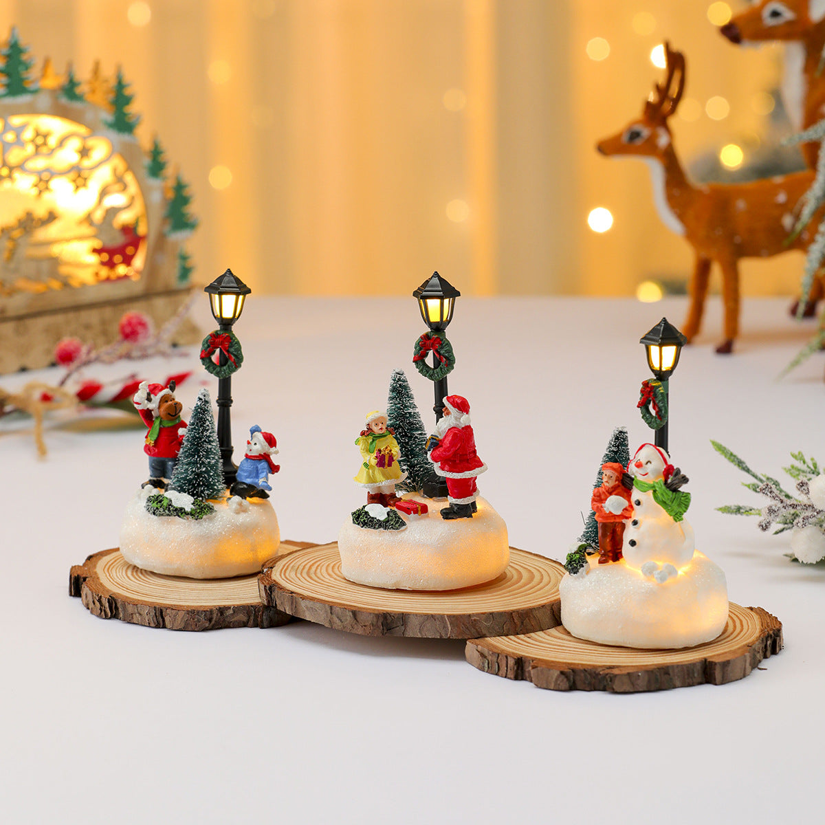 Christmas Village Figurines with LED Street Lamp | Snowman, Santa and Tree Scene | Resin Tabletop Holiday Decor