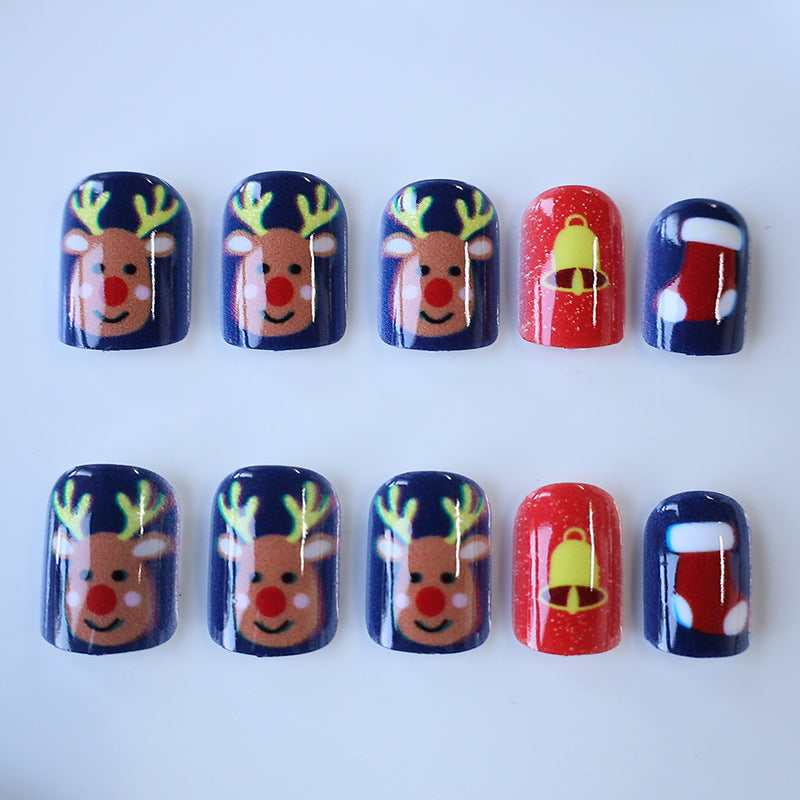 Reindeer Nails in Red and Blue | Christmas Press On Set with Bell Motifs | Short Square Tips, Easy To Apply