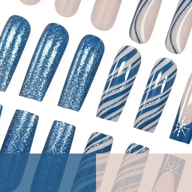 Blue Christmas Nails with Icy Swirl Art | Long Press-On Tips Marbled in White | Radiant Finish for Winter Celebrations