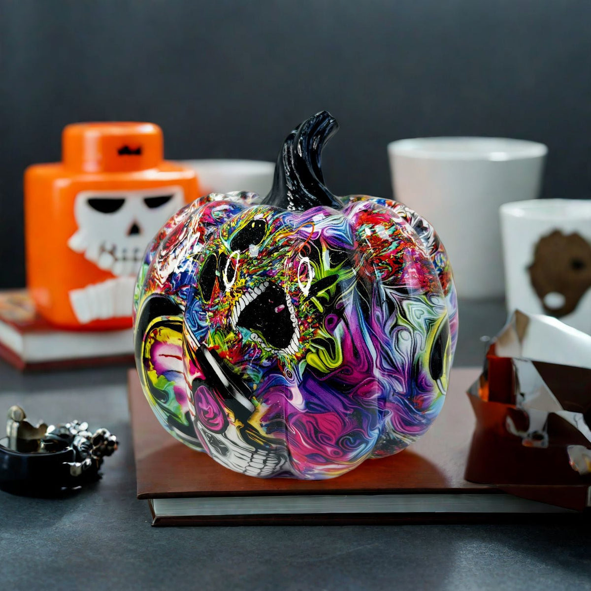 Halloween Pumpkin Decorative Figure | Available in Purple, White, Red | Stands on Shelves, Mantels, and Side Tables