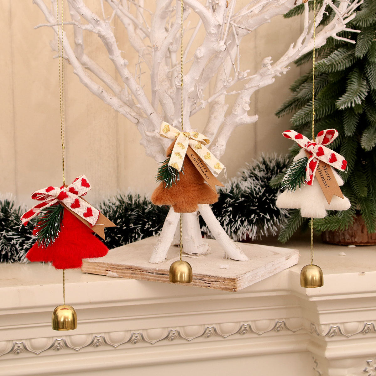 Felt Christmas Tree Ornament with Metal Bell and Merry Greeting | Gold Accent Ribbon and Hanging Cord | Door or Mantel Decorations