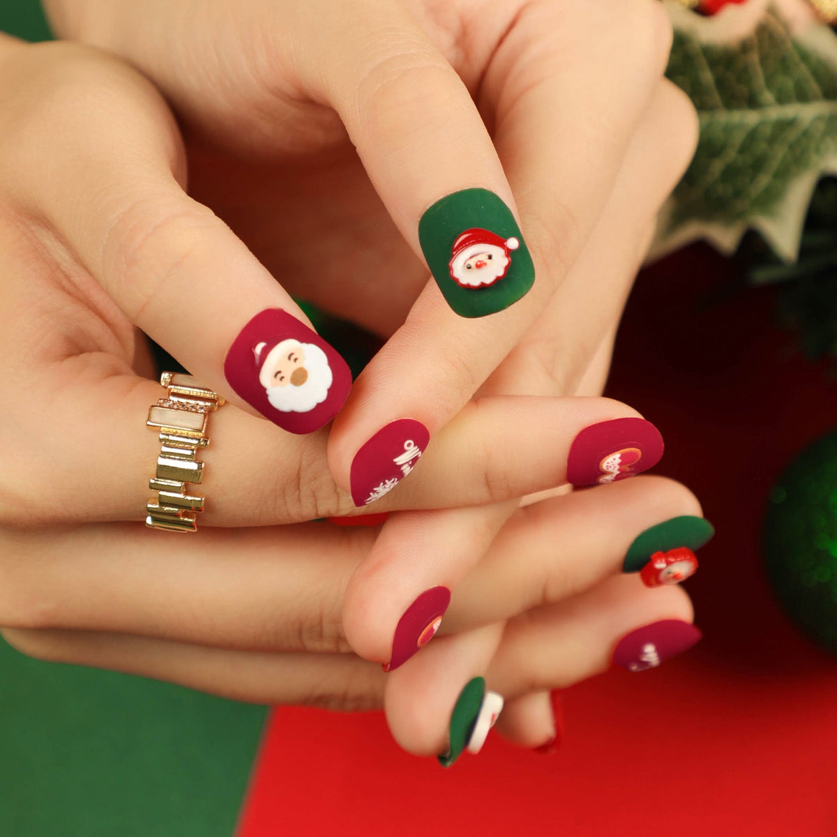 Santa Nails in Red and Green | Festive Press On Tips with Snowflake Accents | Short Square Shape for Holiday Parties