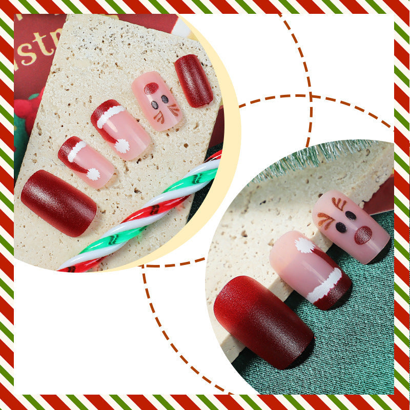 Reindeer and Santa Christmas Nails in Red and Pink | Snowflake Press On Nail Designs | Festive Winter Manicure