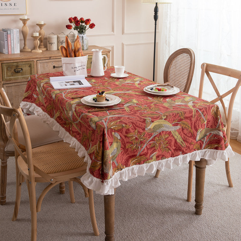 Ornamental Bird and Leaf Tablecloth with Ruffle Trim | Wrinkle Resistant Washable Fabric | 2 Colors