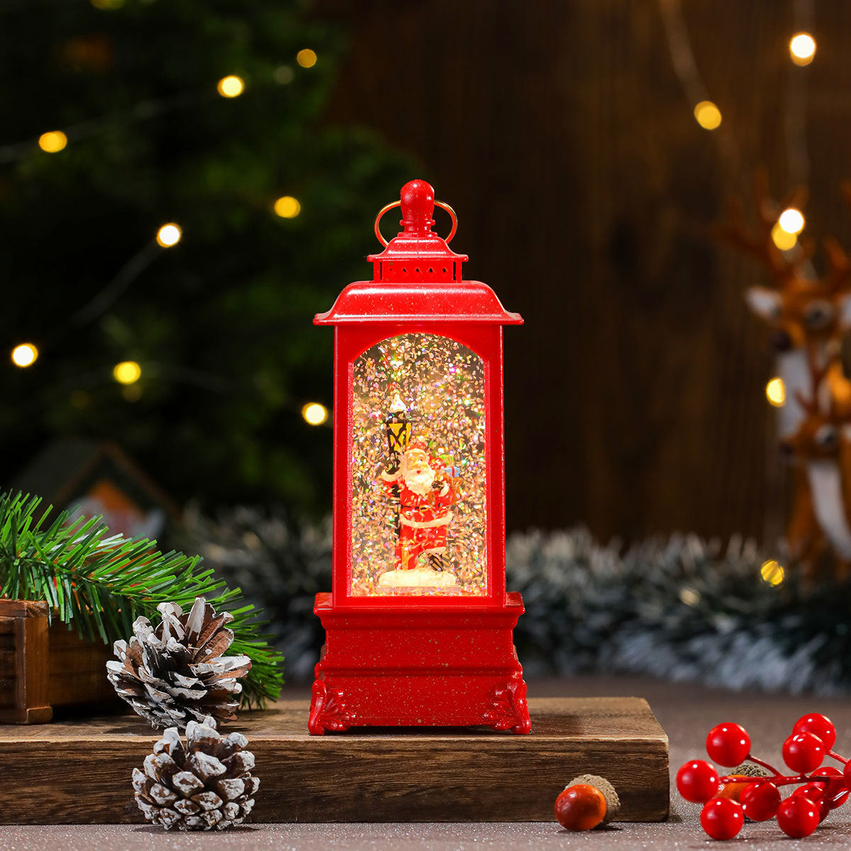 Musical Christmas Lanterns with a Santa and Reindeer Scene | Plays Classic Holiday Melodies | 12 in Tall Painted Tabletop Light