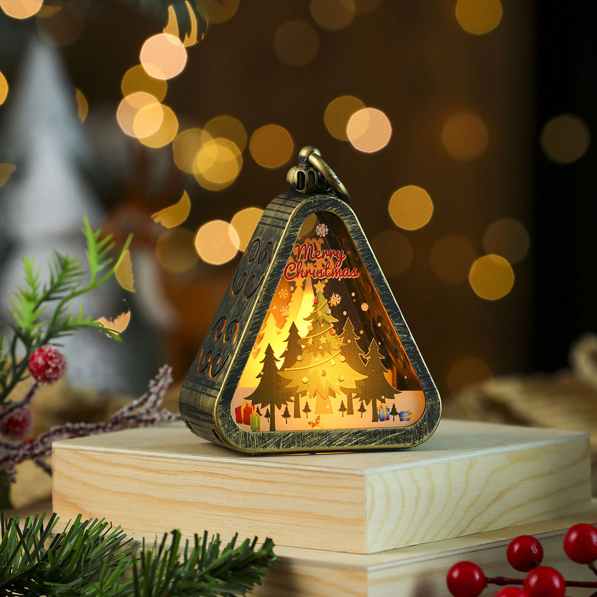 Tree Shaped Christmas Decorations with Santa and a Snowy Scene | Hanging Light Box with On Off Switch | Warm Glow for Indoor Use