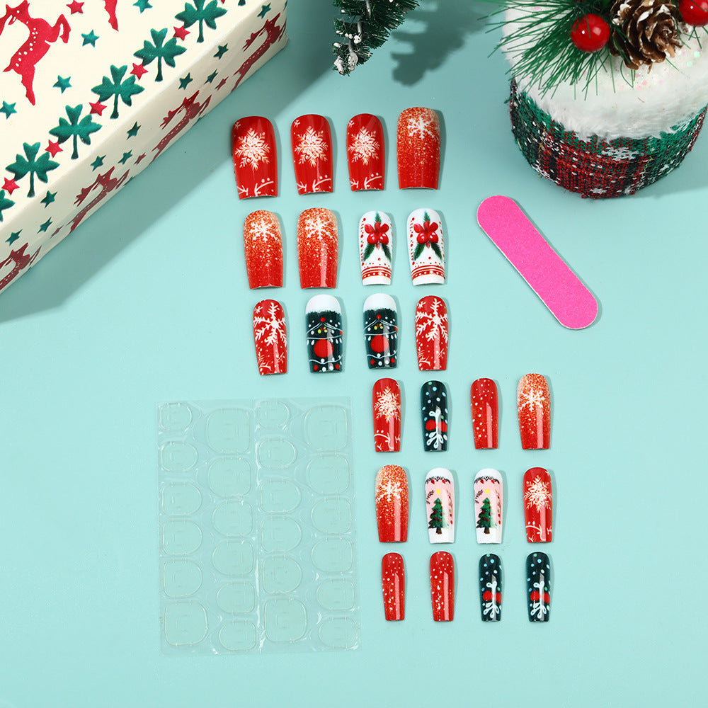 Christmas Tree Nails with Snowflake Motifs | Reusable Press On Nail Designs | Festive Winter Manicure for Parties