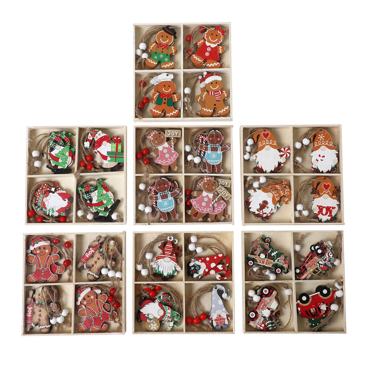 Gnome Christmas Ornaments Set with String Included | Hang on Trees, Wreaths or Gift Tags | Lightweight Wooden Decorations