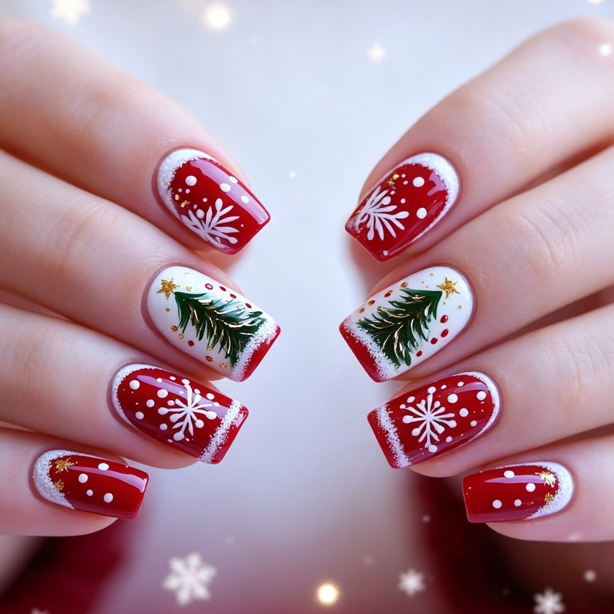Christmas Tree Press-On Nails in Red and White | Snowflake and Dot Artwork | Chip-Resistant Tips for Holiday Parties