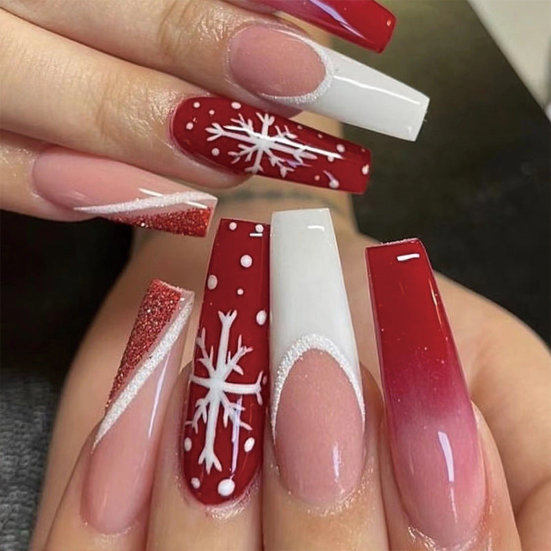 Glitter Christmas Press-On Nails in Red, White and Pink | Snowflake and Dot Detailing | Shaped for a Close Natural Fit